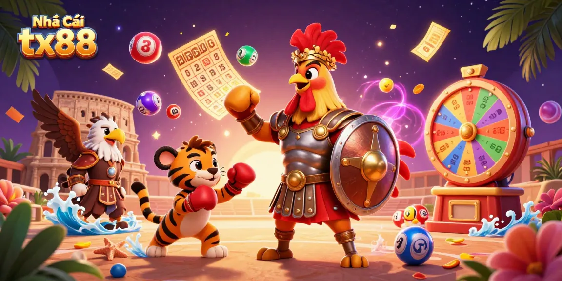 Experience exhilarating fun with Nhà Cái tx88 in this vibrant 3D casino illustration featuring dynamic lottery elements.