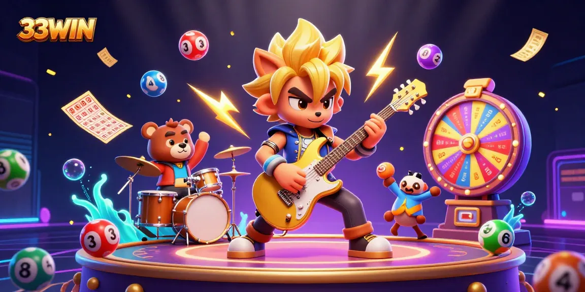 33WIN ignites the casino stage with a rock star wolf and drummer bear, featuring vibrant lottery games.