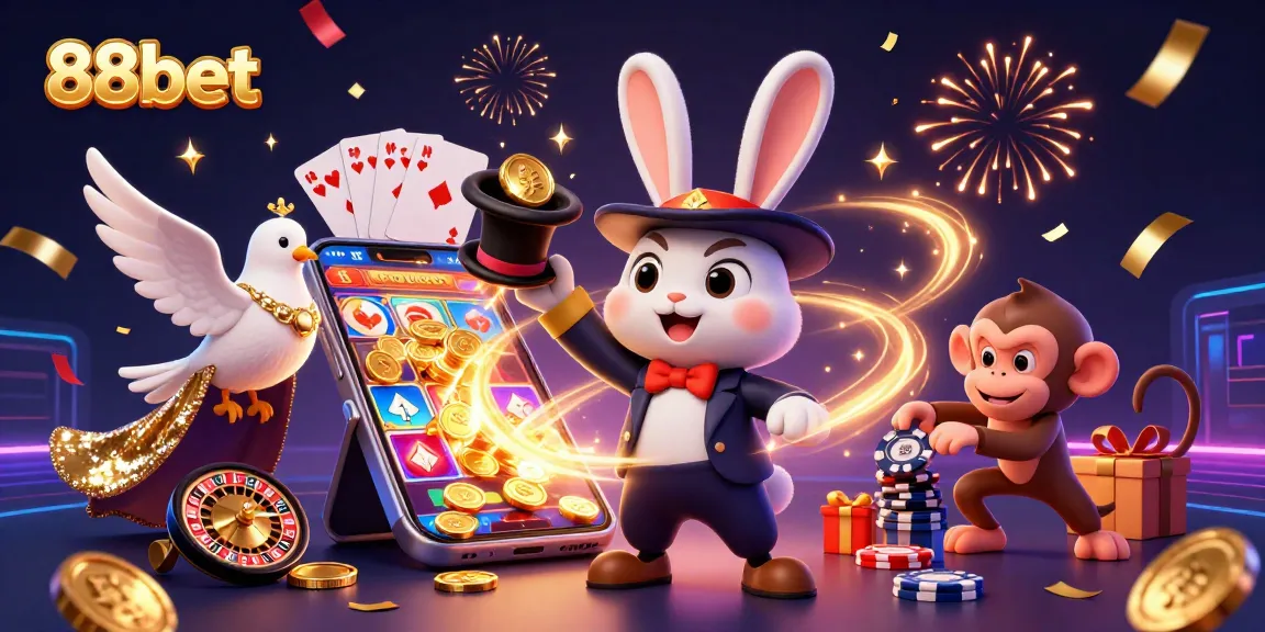 Play exciting games at 88bet with magical characters and winning moments displayed in a vibrant casino illustration.