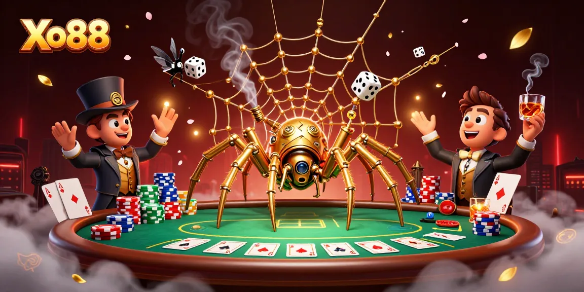Xo88 delivers exhilarating poker action amidst a steampunk fantasy featuring a golden spider and trapped fly gentleman.