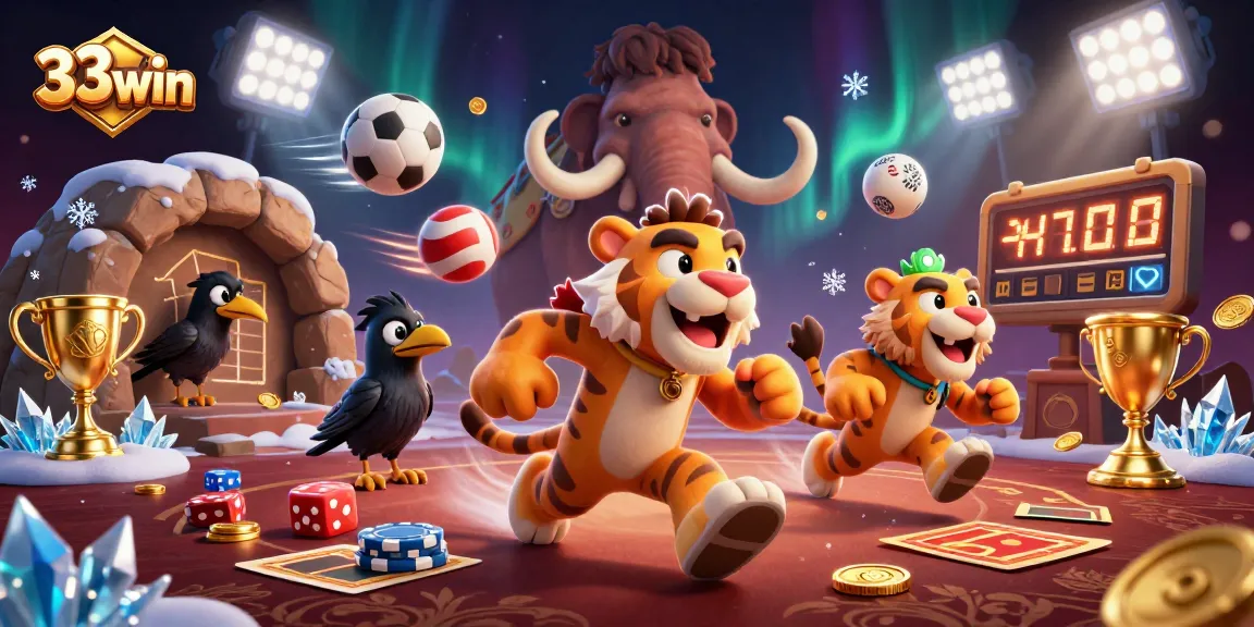 Engage with the thrilling atmosphere of 33win's prehistoric casino adventure with characters and gaming elements.