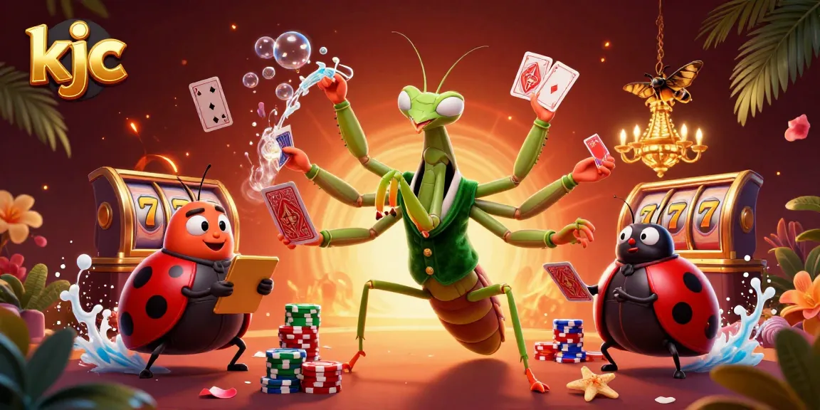 Engage with kjc's vibrant casino adventure featuring dynamic characters dealing cards and lively game elements.