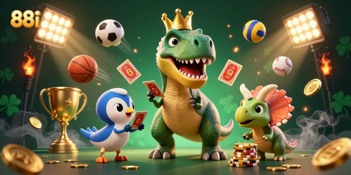 Engage with exciting gameplay at 88i featuring a whimsical cartoon T-Rex shuffling cards and sports elements.
