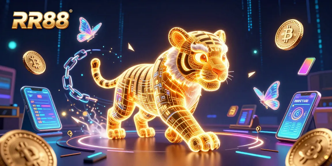 Engage in thrilling action at RR88 with a vibrant casino digital experience featuring a golden tiger and crypto elements.