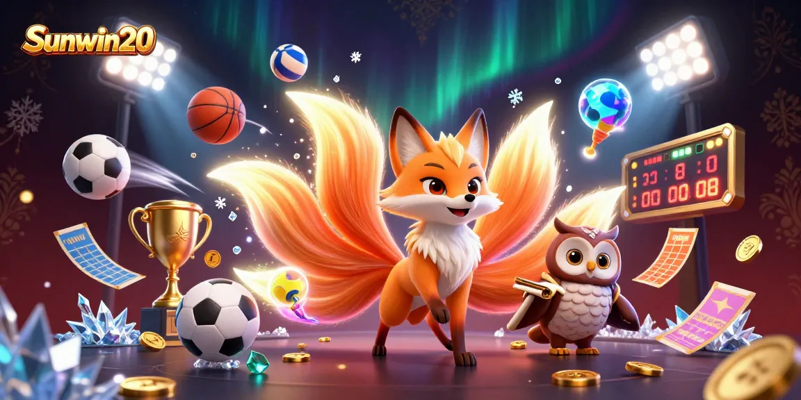 Experience excitement with Sunwin20 as vibrant sports elements surround a magical nine-tailed fox and wise owl.