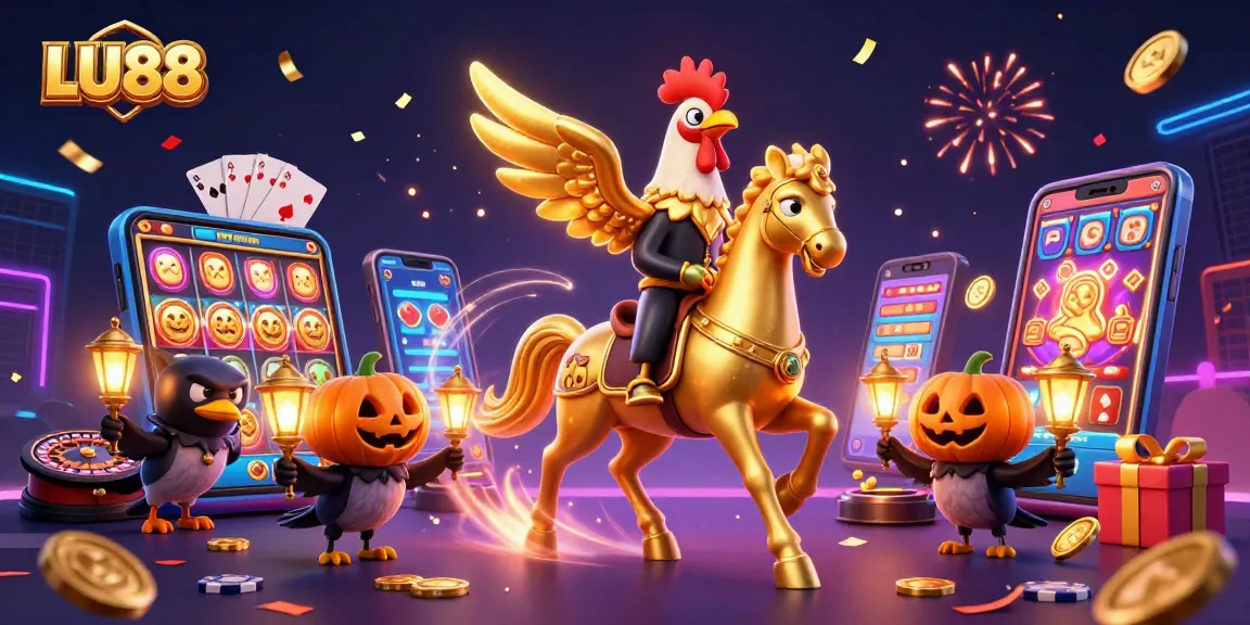 Experience exciting gameplay at LU88 with a vibrant casino scene featuring rich slot games and dynamic characters.