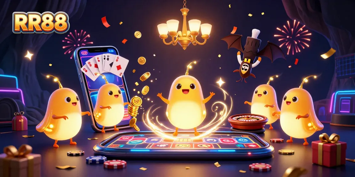 RR88 glowworms illuminate a vibrant cave casino with celebratory game elements.