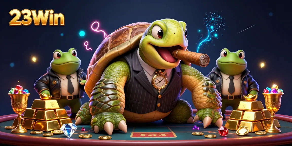 Immerse in the 23Win casino scene with a turtle mobster, bullfrog enforcers, and treasures.