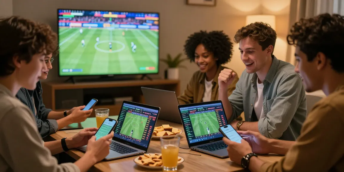 Friends enjoying sports betting with 22Bet on smartphones and laptops.