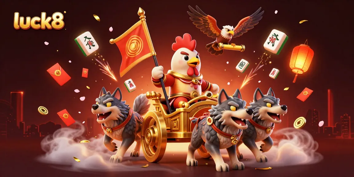 Experience exciting wins at luck8 with a thrilling scene featuring a rooster warlord and casino elements.