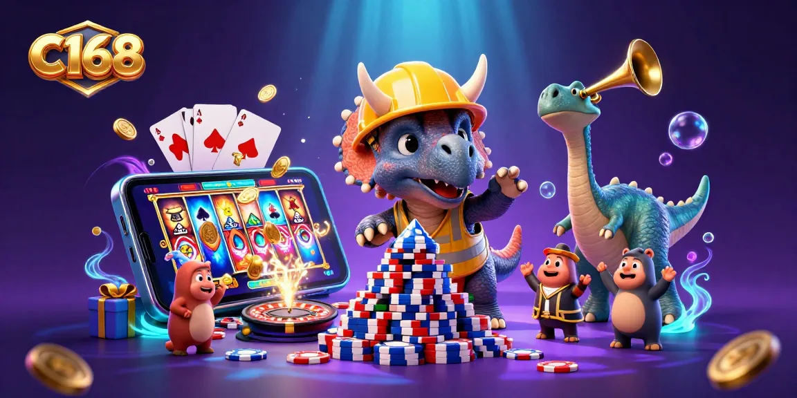 C168 offers a vibrant online casino experience with exciting game elements and cheerful characters celebrating.
