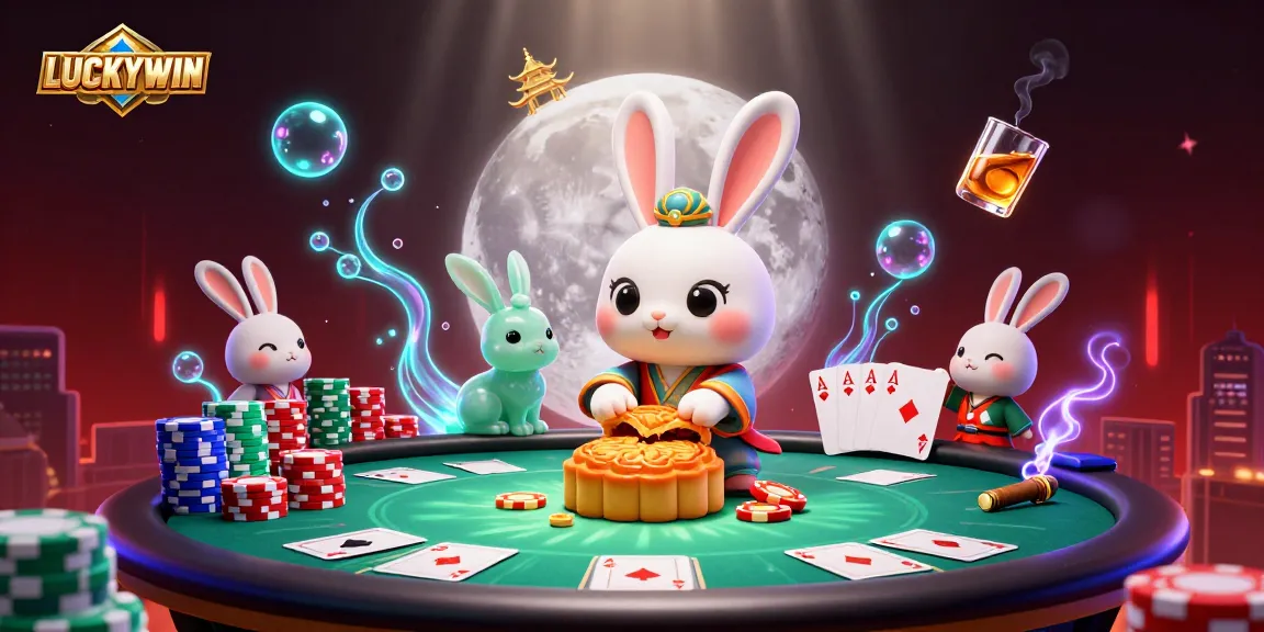 LUCKYWIN casino scene featuring a moon rabbit with poker chips, a poker table, and vibrant casino elements.