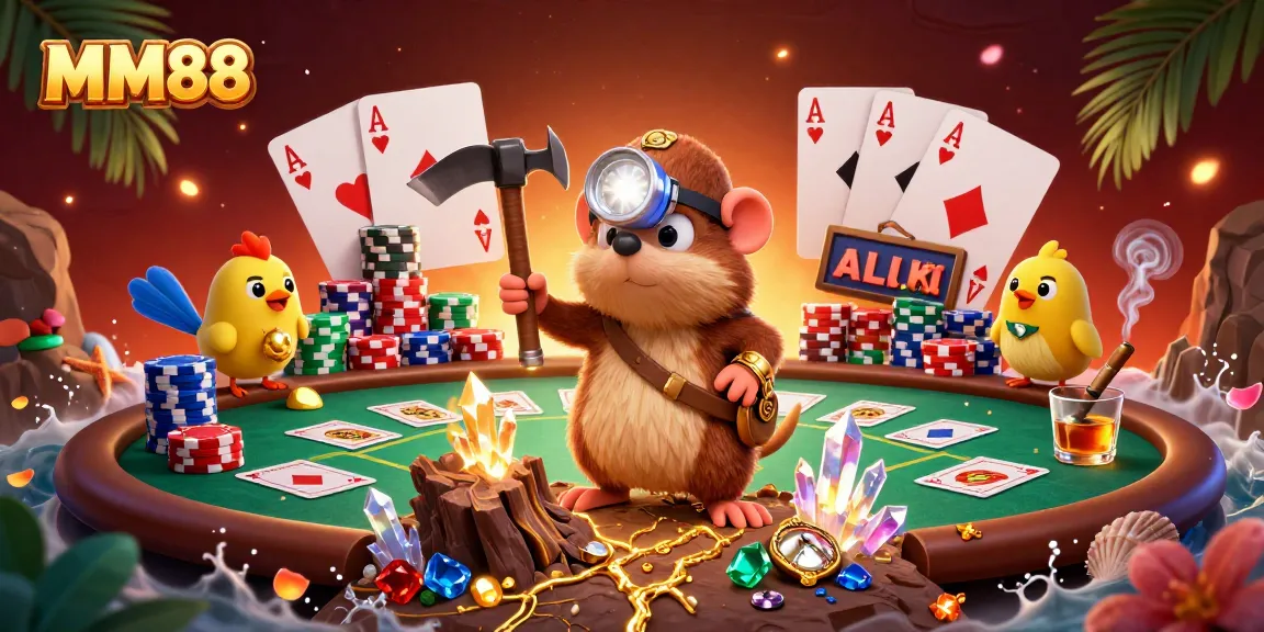 Experience thrilling poker with MM88 in a vibrant, dynamic 3D casino illustration scene.