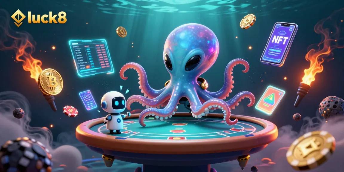 Engage with luck8's cosmic casino scene featuring alien octopus at a holographic poker table.