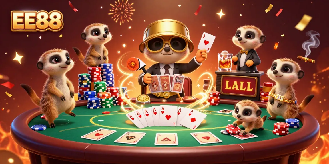 EE88 offers diverse gaming by meerkats managing a vibrant casino, showcasing poker dynamics and celebratory effects.