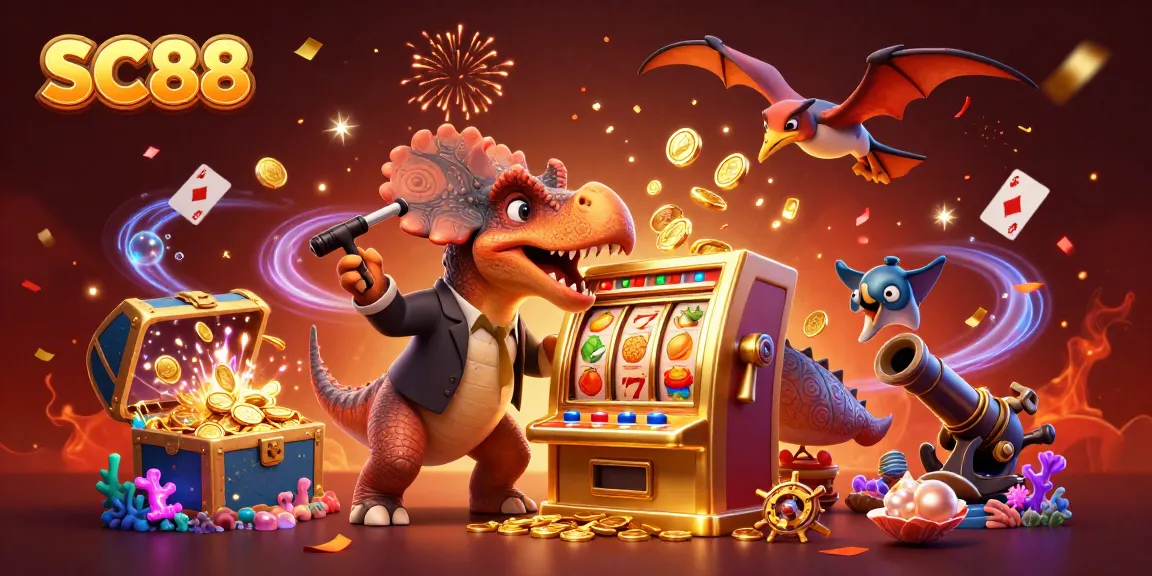 SC88 slot machine victory scene with animated dinosaurs and dynamic gold coin action