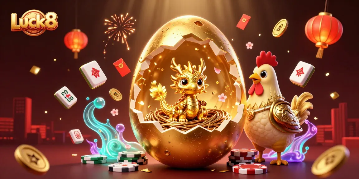 Luck8 showcases a dazzling dragon emerging from a gold egg amidst poker chips and festive decorations.