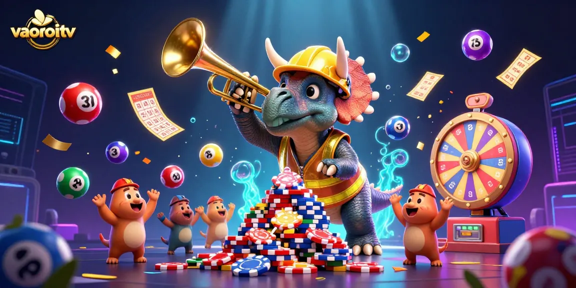 Bet on the excitement with vaoroitv as a triceratops builds poker chip pyramids amidst lottery balls and celebration.