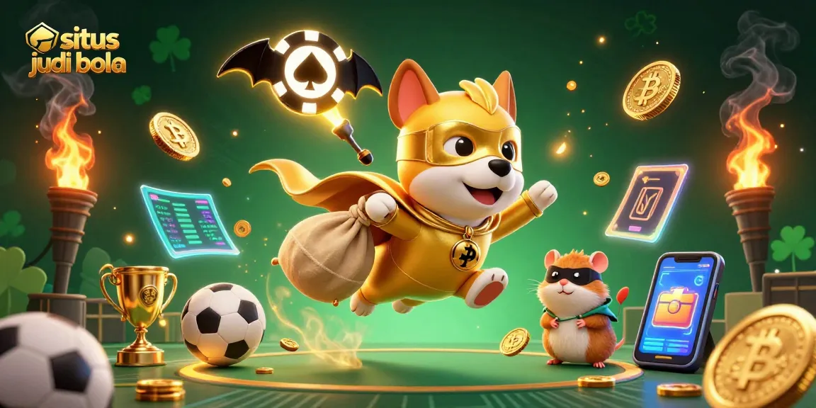Gambarlah situs judi bola dengan anjing superhero dan hamster, melambangkan keberuntungan dalam taruhan.