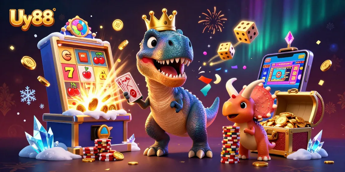 Join Uy88's thrilling adventures with a T-Rex shuffling cards and a baby triceratops stacking chips!