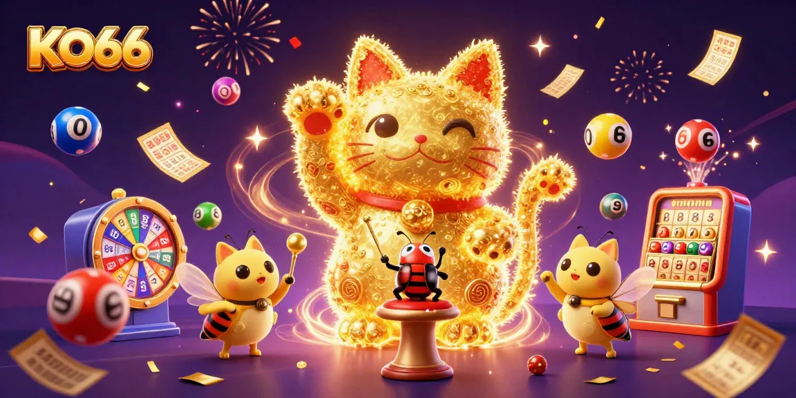 KO66 offers exciting online gaming experiences illustrated by a dynamic lucky cat and vibrant lottery elements.