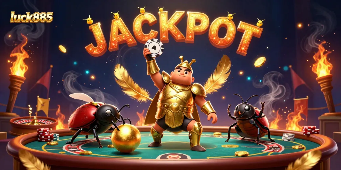 Experience excitement at luck885 with cartoon beetles celebrating a jackpot in a lively casino.