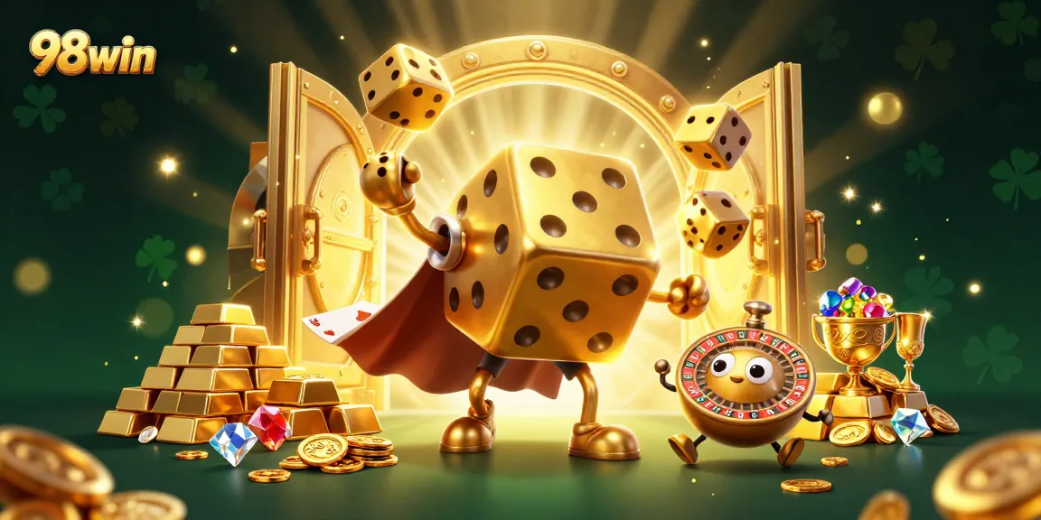 Engage in thrilling 98win casino action with massive golden dice and jewels exploding in this vibrant scene.