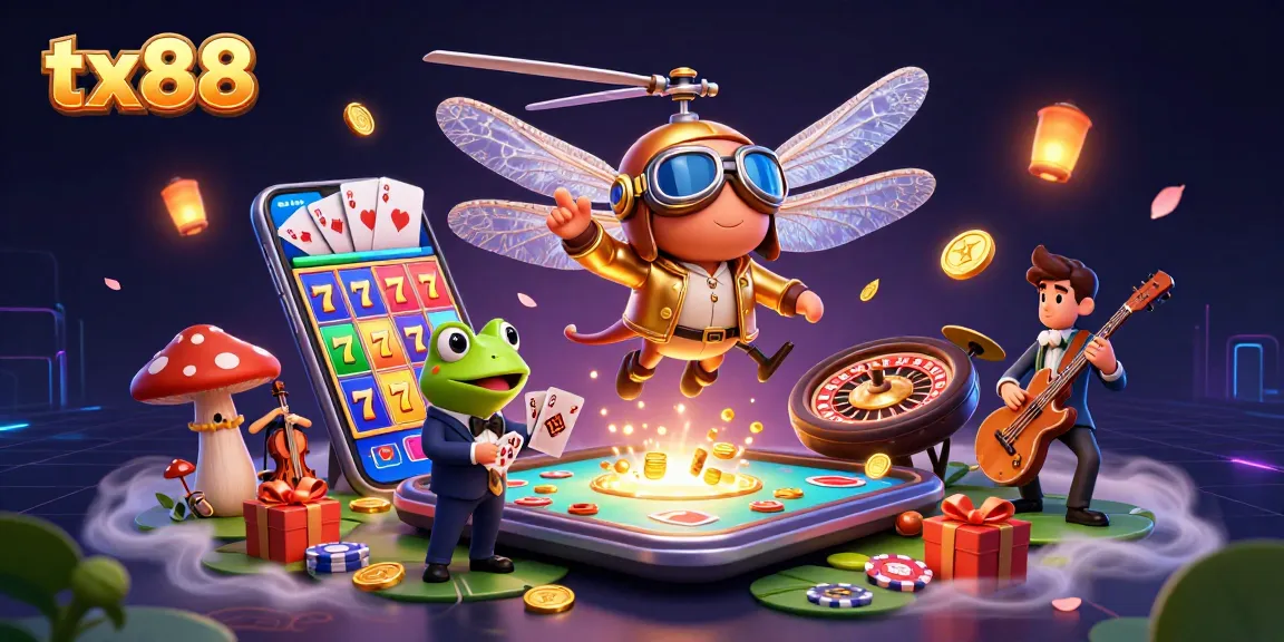 Bring your TX88 game to life with vibrant casino action featuring a dragonfly pilot and frog dealer!