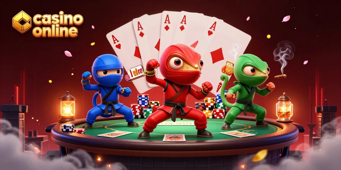Team of colorful ninja chameleons showcasing casino online excitement with poker elements in a vibrant rooftop scene.