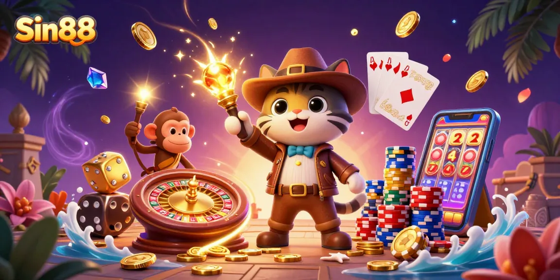 Experience Sin88's thrilling adventure with a cat archaeologist discovering a golden casino artifact amidst dynamic gaming elements.