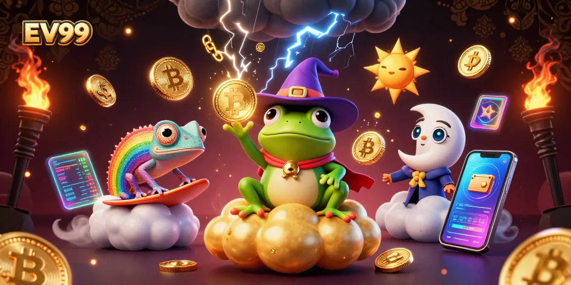 Experience the excitement of EV99 with a 3D cartoon storm of golden coins, Bitcoin, and Ethereum in a vibrant casino scene.